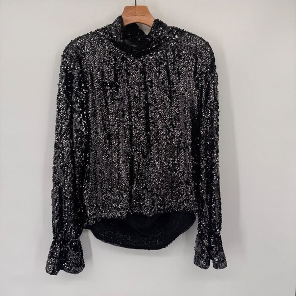 Free People moonstruck Sequin Long Sleeve Blouse  Open Back bell sleeve size XL - Picture 7 of 10